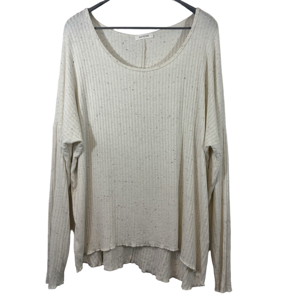 Women's L Antistar Cream Speckle Ribbed Long Sleeve Lightweight Knit Sweater